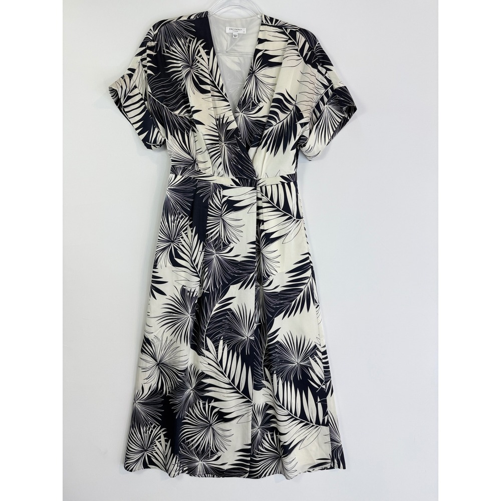 Equipment Tavine Silk Wrap Midi Dress Womens 2 Black White Palm Leaf Tropical